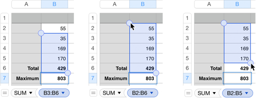 **Figure 222:** Left: The cell range used by the pasted formula, and the reference in the formula editor. Middle: Drag the upper selection handle upward; the cell reference token changes. Right: Drag the lower handle to finish adjusting the cell range for the formula.