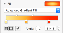 **Figure 181:** The advanced gradient fill options. This example, set for a radial blend, has two blend-area controls at the top of the fill bar and three color stops along the bottom.