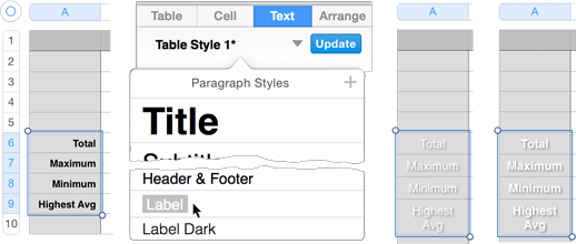 **Figure 226:** Select the labels, choose the Label style in the Text pane to apply it to the selection, and restore the bold formatting.