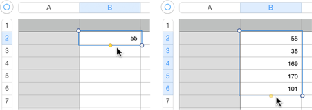 **Figure 197:** Left: A selected cell and its autofill handle. Right: The autofilled cells.