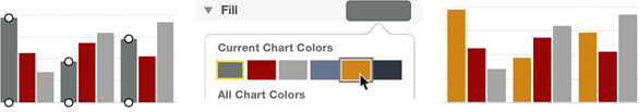 **Figure 145:** Left: A selected series. Center: Choosing from the Fill popover. Right: The reassigned color.