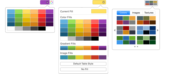 **Figure 178:** Typical color-well popovers. Left: A basic palette for items like text and borders. Center: An extended popover with multiple palettes for filled objects. Right: Six-color groupings for charts (note the dots on the bottom and arrows on the sides that indicate another page of choices).