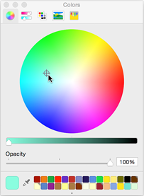 **Figure 179:** The Colors window, a standard Mac interface feature (except for the Opacity slider). The sample in the lower-left corner is the current color; the color-sample blocks are user-defined.