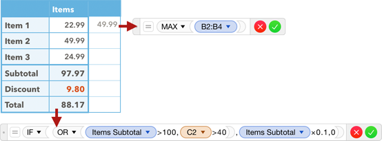 **Figure 107:** These formulas calculate any available discount based on the prices of the ordered items; note that the headers change cell `B5` references to `Items Subtotal`.