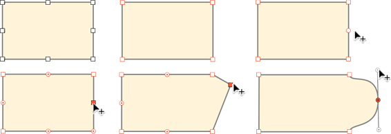 **Figure 157:** Top: A selected shape, red edit handles after making it editable, and hovering for a suggested new edit point. Bottom: Selecting an edit point, dragging a line edit point, and adjusting curves after dragging a curve edit point.