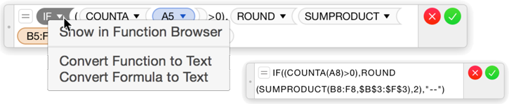 **Figure 102:** Use the function token menu to make the formula editor display editable text.