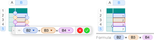 **Figure 96:** Left: The formula editor open in `B5`. Right: With `B5` selected, the Smart Cell View shows the formula.