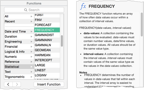 **Figure 105:** The Function Browser’s upper area shows categories and specific functions. Select an item in the list to get its description, syntax, and details.