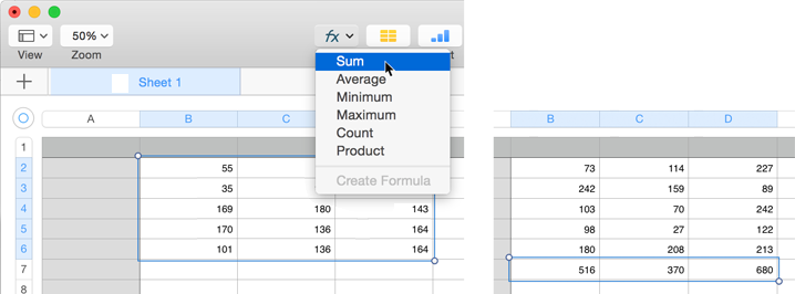 **Figure 200:** Left: Selecting from the Formula menu. Right: Sums are inserted beneath the originally selected cells.