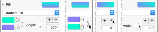 **Figure 180:** Adjusting a gradient. Left to right: Original setting, swapping the colors, changing direction, and altering the angle.