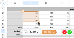 **Figure 220:** Clicking cells or dragging across them while the formula editor is open puts cell references in the editor. In this picture, the drag covers `B2:B4` so far; you should continue to include `B5`.