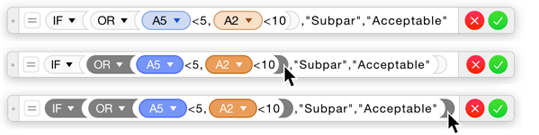 **Figure 104:** Top: The formula editor as it opens. Center and bottom: Click one parenthesis to select its partner and interior tokens.