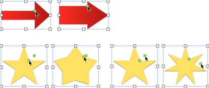 **Figure 156:** Top: An arrow’s green reshape handle changes the thickness of the shaft. Bottom: A star’s inner handle changes the angle of its points; the outer one changes the number of points.