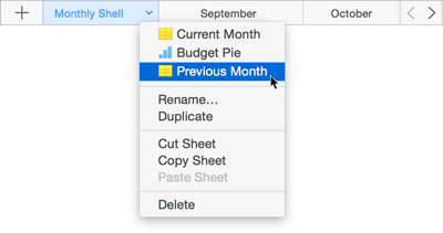 **Figure 3:** A sheet menu starts with a list of objects on the sheet; choose one to jump to it. The Add button at the left of the bar adds a sheet; the arrows at the right scroll the tabs in either direction.