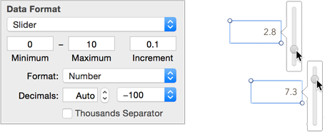 **Figure 58:** Left: The setup for a slider control. Right: Sliders pop out from formatted cells.