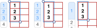 **Figure 25:** Left to right: Original cells selected; the merged cell; and the unmerged cells.