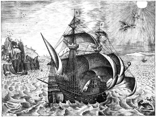 82 Bruegel the Elder, Warship with Icarus and Daedalus in the Sky, engraving. Trustees of the British Museum, London