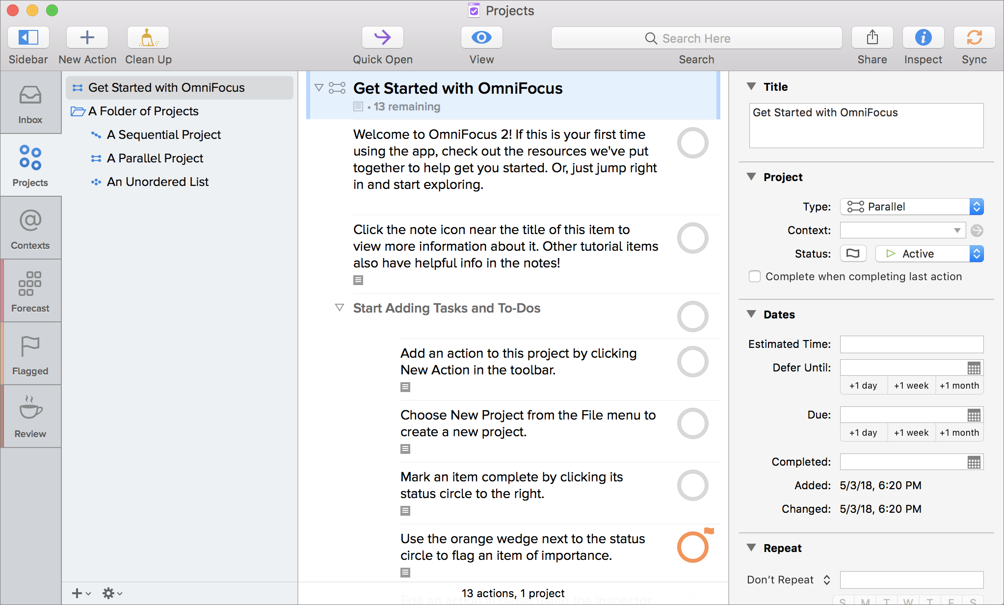 Figure 11: The project view in OmniFocus, where you’ll spend most of your organizing time, working on tasks when you need to see their structure.