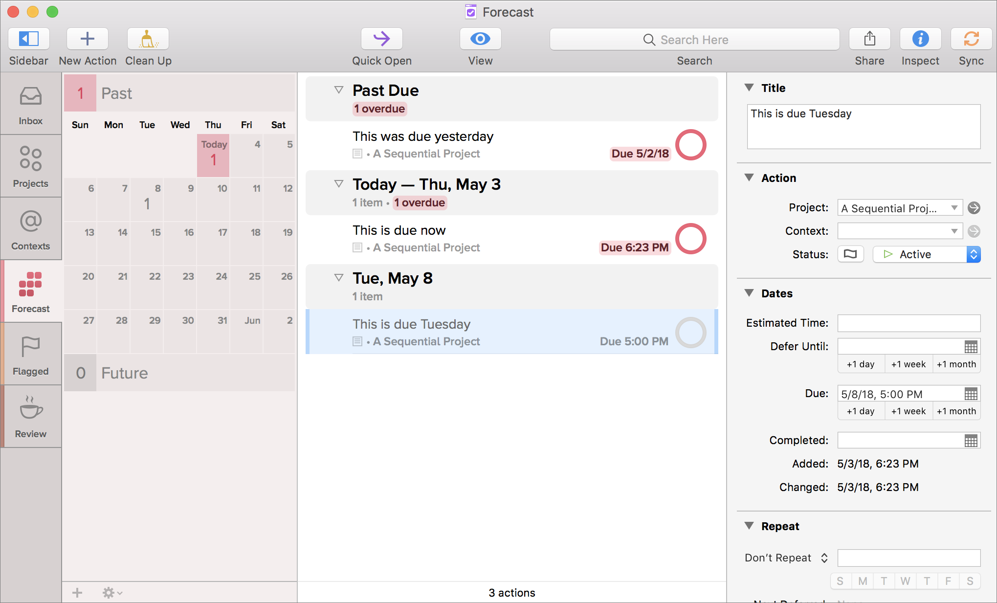 Figure 12: The forecast view in OmniFocus, showing you past, present, and upcoming due items. Work off your Due list here, then switch to flagged with your remaining time.