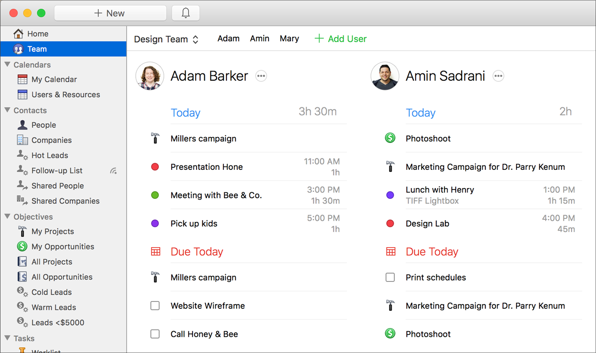 Figure 14: Detail of the team view in Daylite, where colleagues and managers can track where everyone stands in real time. This is a cropped view of a full screen for legibility.