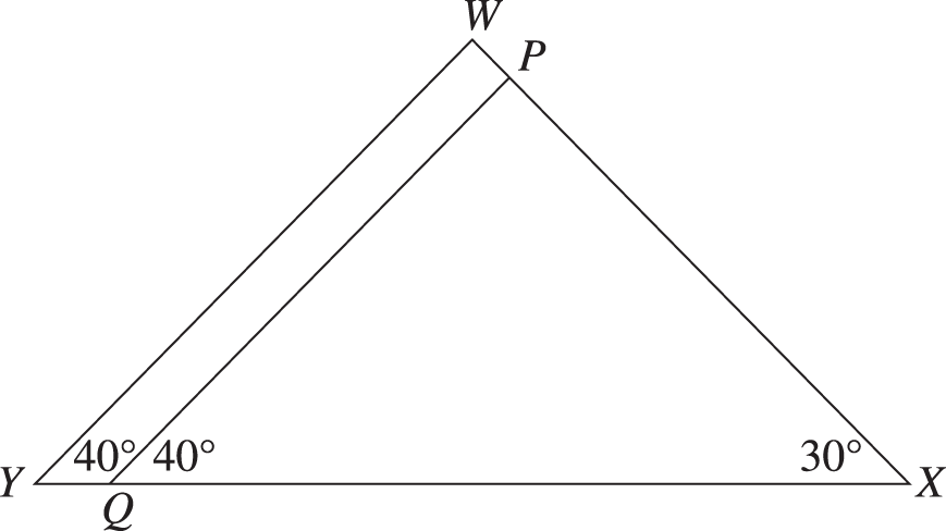 Triangle W X Y with top vertex W and bottom base X Y. Line segment P Q is drawn inside the triangle with P Q parallel to W Y forming smaller triangle P X Q. In the smaller triangle, the measure of interior angle P X Q is 30 degrees. This is the same interior angle W X Y in the larger triangle. In the larger triangle, the measure of interior angle W Y X is 40 degrees. This angle corresponds to interior angle P Q X in the smaller triangle which also has measure 40 degrees.