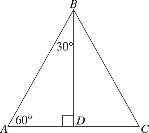 Equilateral triangle A B C with top vertex B and bottom base A C. Altitude B D intersects base A C at a right angle. Base angle A has a measure of 60 degrees, and angle A B D has a measure of 30 degrees.