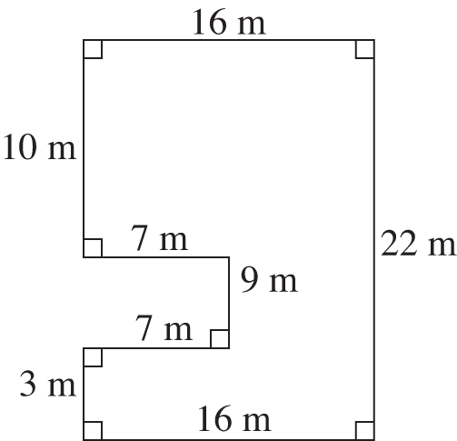 An irregular polygon made up of straight line segments that all meet at right angles. Beginning in the top left corner, the line segments are as follows: left to right 16 meters, then down 22 meters, then right to left 16 meters, then up 3 meters, then left to right 7 meters, then up 9 meters, then right to left 7 meters, then up 10 meters, which is back to the beginning of the figure.