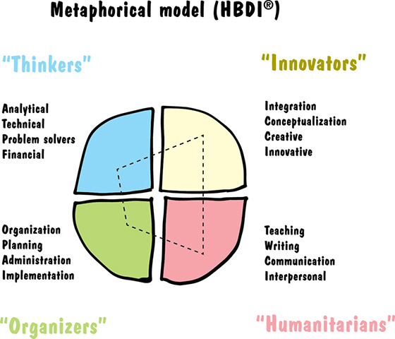 Image shows circle is divided into four nearly equal parts that are named as innovators (integration, conceptualization, creative, and innovative), humanitarians (teaching, writing, communication, and interpersonal), organizers, and thinkers.