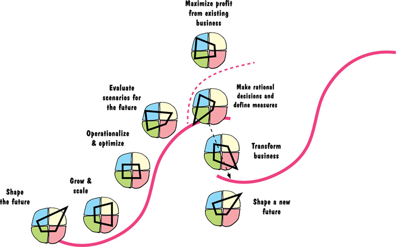 Images show HBDI profiles such as maximize profit from existing business, evaluate scenario from for future, operationalize & optimize, grow & scale, shape future, and so on in S-shape.