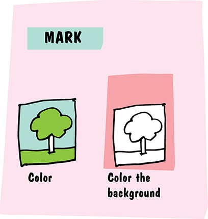 Images show mark with picture of colored tree and its background that is titled as color and picture of same tree and background without any color that is titled is as color background.