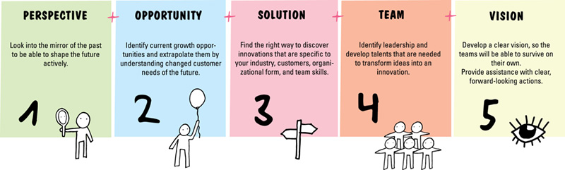 Chart shows perspective (look into mirror of past) plus opportunity (identify current growth) plus solution (find right way) plus team (identify leadership) plus vision (develop clear vision and assistance).