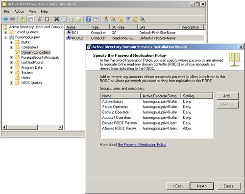 Specifying the Password Replication Policy for the RODC installation