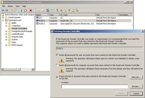 Deleting a stolen RODC from Active Directory Users and Computers