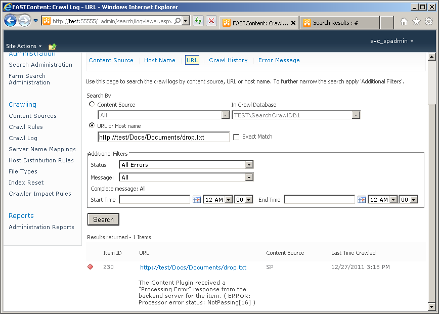 Items that are not indexed because of the Offensive Content Filter appear as errors in the SharePoint crawl log.