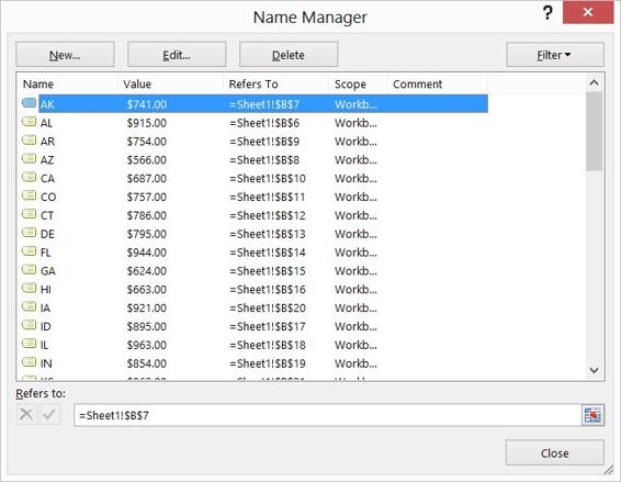 This figure shows how the Name Manager feature lists the               range names from the States.xlsx file.