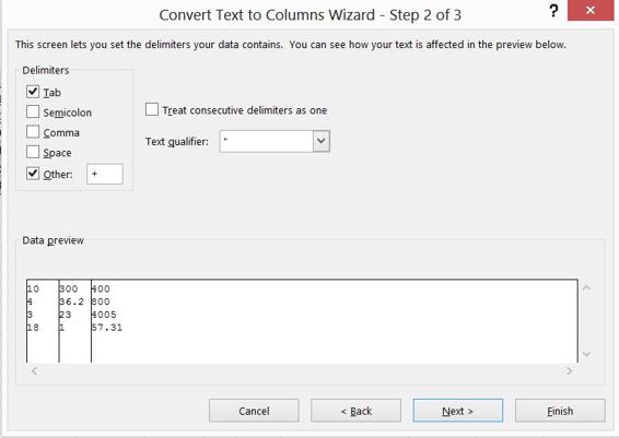 This figure shows how to use Text To Columns to break               the data at the + sign in each row and extract the parsed data               to a new range of cells.