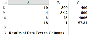 This figure shows the result after Text To Columns is               used to parse the three numbers in each row into separate               columns.