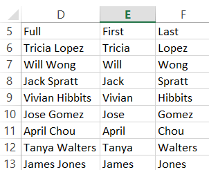 This figure shows how Flash Fill extracts each person’s               first and last name from a column containing the full               names.