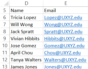 In this figure, you see how Flash Fill can automatically               create email addresses by appending @UXYZ.edu to each person’s               last name.