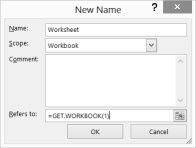 This figure shows how to create a range name that             eventually yields a complete list of worksheet names.