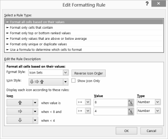 This figure shows how to set up icons so numbers                 >=8 get an up arrow, numbers between 4 and 8 get a flat                 arrow icon, and other numbers get a down icon.