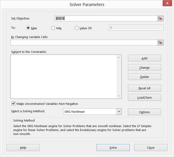 This figure shows the dialog box in which you configure the           target cell, changing cells, and constraints for a Solver           model.