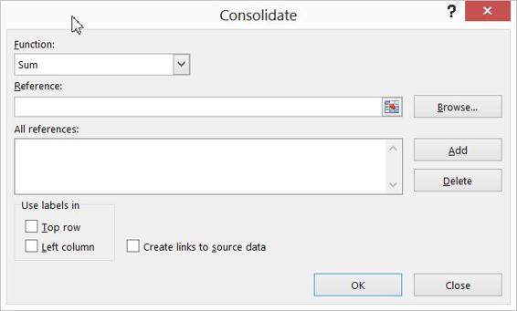 This figure shows the data Consolidate dialog             box.