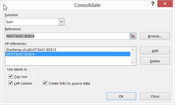 This figure shows the Consolidate settings needed to             consolidate the East and West data.