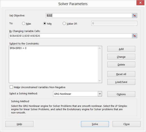 This figure shows the Solver settings needed to find             forecast parameters that minimize the sum of squared             errors.