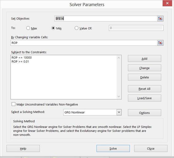 This figure shows the Solver setting needed to determine             the reorder point for a given service level.