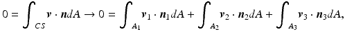 
$$ 0={\displaystyle {\int}_{CS}\boldsymbol{v}\cdot \boldsymbol{n}dA}\to 0={\displaystyle {\int}_{A_1}{\boldsymbol{v}}_1\cdot {\boldsymbol{n}}_1}dA+{\displaystyle {\int}_{A_2}{\boldsymbol{v}}_2\cdot {\boldsymbol{n}}_2}dA+{\displaystyle {\int}_{A_3}{\boldsymbol{v}}_3\cdot {\boldsymbol{n}}_3}dA, $$
