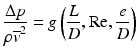 
$$ \frac{\Delta p}{\rho {\overline{v}}^2}=g\left(\frac{L}{D},\mathrm{R}\mathrm{e},\frac{e}{D}\right) $$
