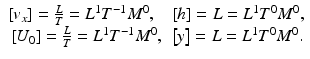 
$$ \begin{array}{ll}\left[{v}_x\right]=\frac{L}{T}={L}^1{T}^{-1}{M}^0,\hfill & \left[h\right]=L={L}^1{T}^0{M}^0,\hfill \\ {}\left[{U}_0\right]=\frac{L}{T}={L}^1{T}^{-1}{M}^0,\hfill & \left[y\right]=L={L}^1{T}^0{M}^0.\hfill \end{array} $$
