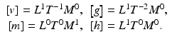 
$$ \begin{array}{ll}\left[v\right]={L}^1{T}^{-1}{M}^0,\hfill & \left[g\right]={L}^1{T}^{-2}{M}^0,\hfill \\ {}\left[m\right]={L}^0{T}^0{M}^1,\hfill & \left[h\right]={L}^1{T}^0{M}^0.\hfill \end{array} $$
